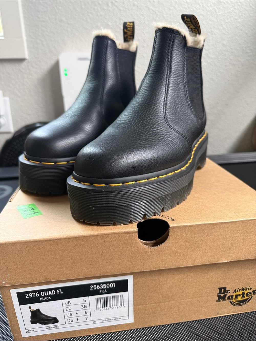 Dr. Martens Black Leather Platform Chelsea Boots with Yellow Stitching